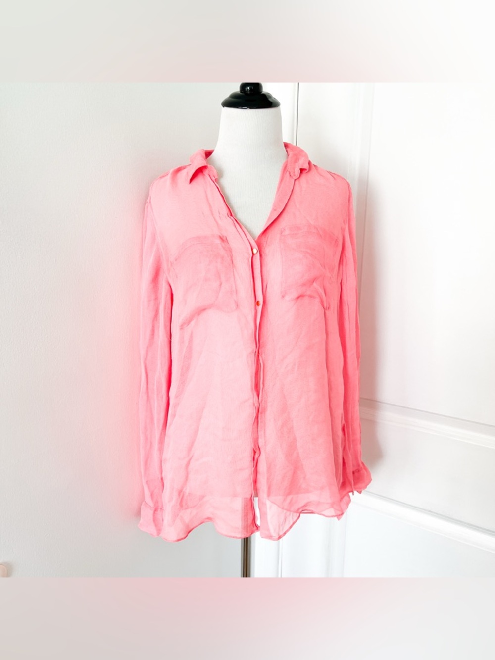 Rebecca Taylor 100% Woven Silk Coral Pink Sheer Button-Down Shirt